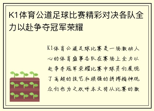K1体育公道足球比赛精彩对决各队全力以赴争夺冠军荣耀