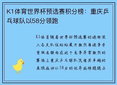 K1体育世界杯预选赛积分榜：重庆乒乓球队以58分领跑
